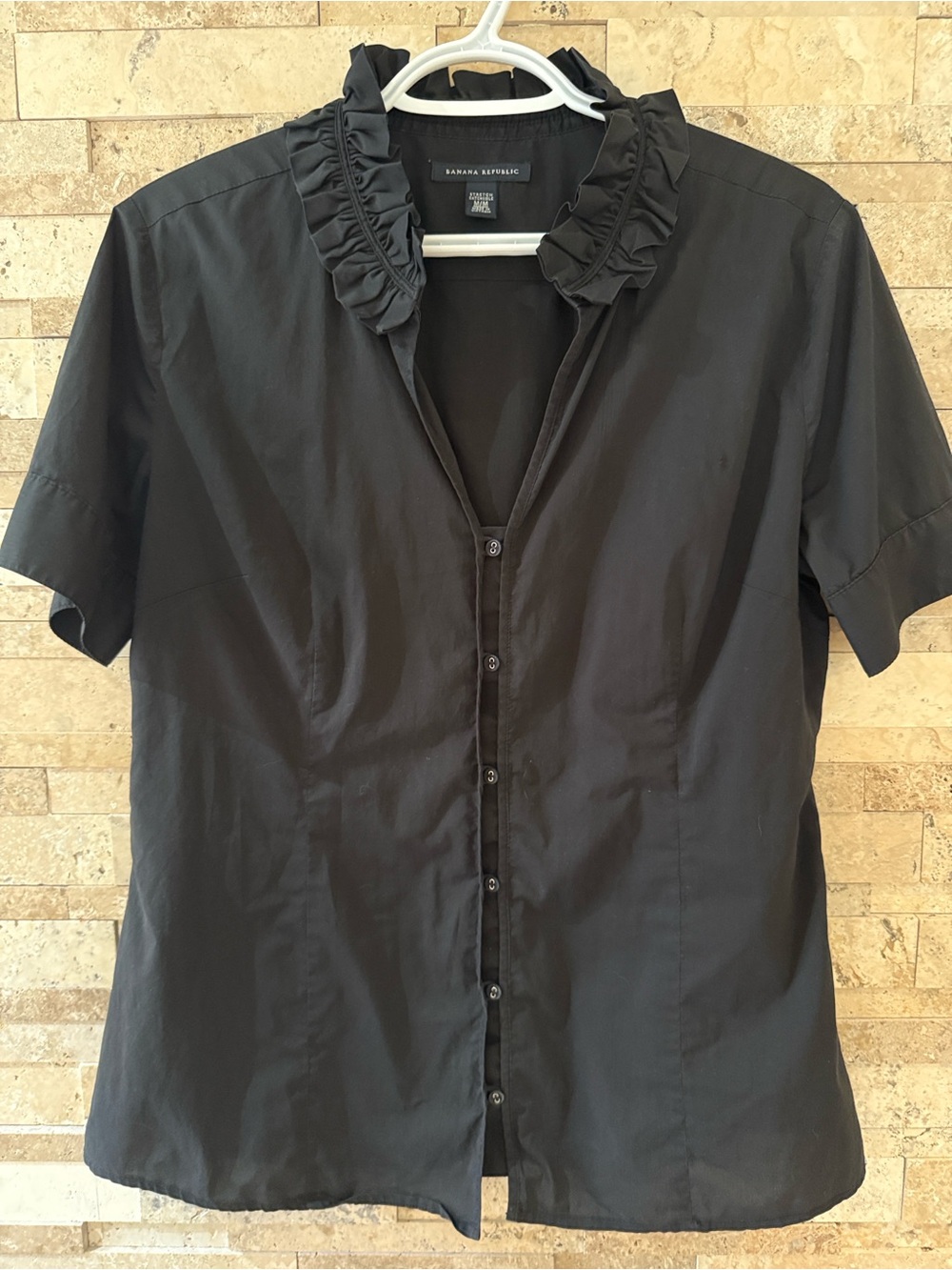 Banana Republic Black V-neck Ruffle-Collar Short-Sleeve Blouse